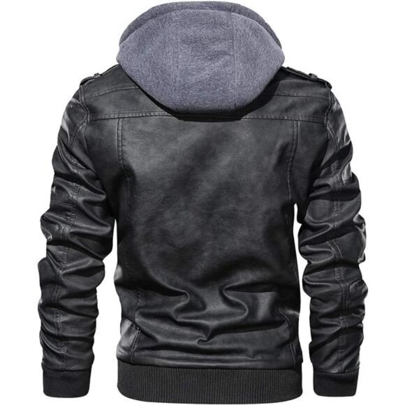 Black Faux Leather Motorcycle Bomber Jacket Zip Up Hoodie Removable Hood - Picture 3 of 6